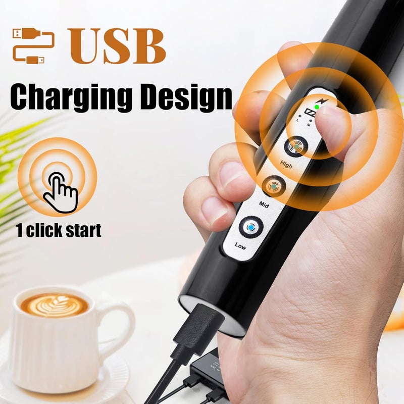 Nahida Black Handheld Milk Frother for Coffee, Rechargeable Electric Whisk with 3 Heads 3 Speeds Frother Foam Maker For Latte, Cappuccino, Hot Chocolate, Egg - Image 5